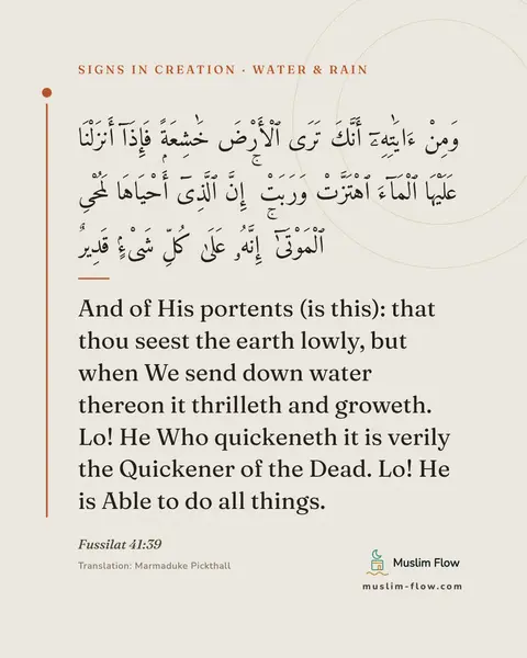 Fussilat 41:39: And of His portents (is this): that thou seest the earth lowly, but when We send down water thereon…