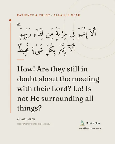 Fussilat 41:54: How! Are they still in doubt about the meeting with their Lord? Lo! Is not He surrounding all…
