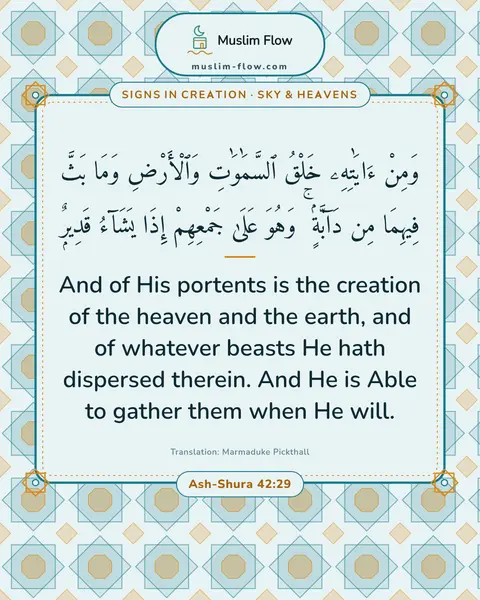 Ash-Shura 42:29: And of His portents is the creation of the heaven and the earth, and of whatever beasts He hath…