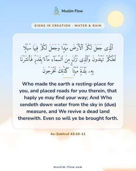 Az-Zukhruf 43:10-11: Who made the earth a resting-place for you, and placed roads for you therein, that haply ye may…