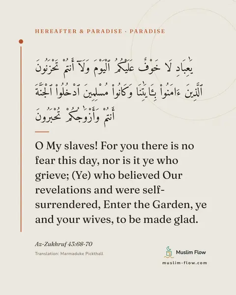 Az-Zukhruf 43:68-70: O My slaves! For you there is no fear this day, nor is it ye who grieve; (Ye) who believed Our…