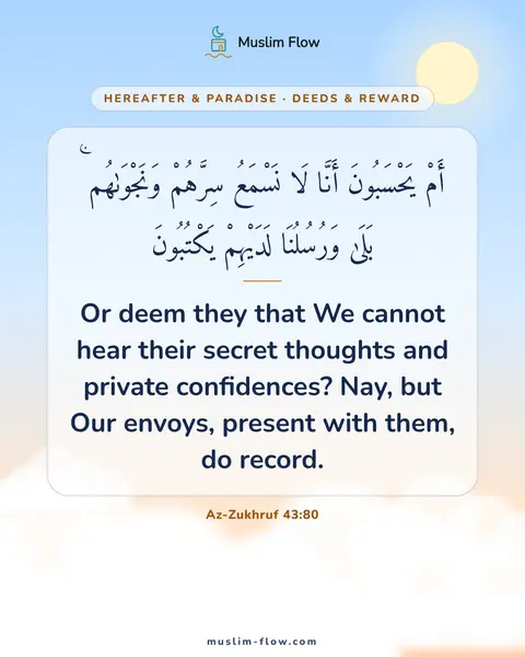Az-Zukhruf 43:80: Or deem they that We cannot hear their secret thoughts and private confidences? Nay, but Our…