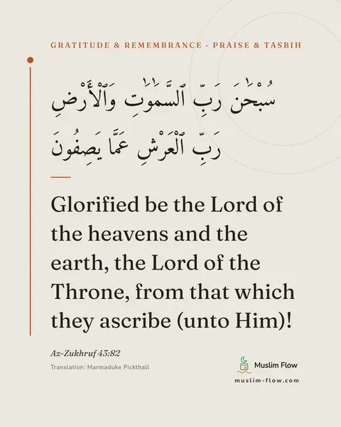 Az-Zukhruf 43:82: Glorified be the Lord of the heavens and the earth, the Lord of the Throne, from that which they…