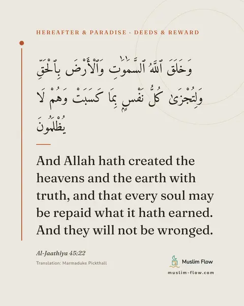 Al-Jaathiya 45:22: And Allah hath created the heavens and the earth with truth, and that every soul may be repaid what…