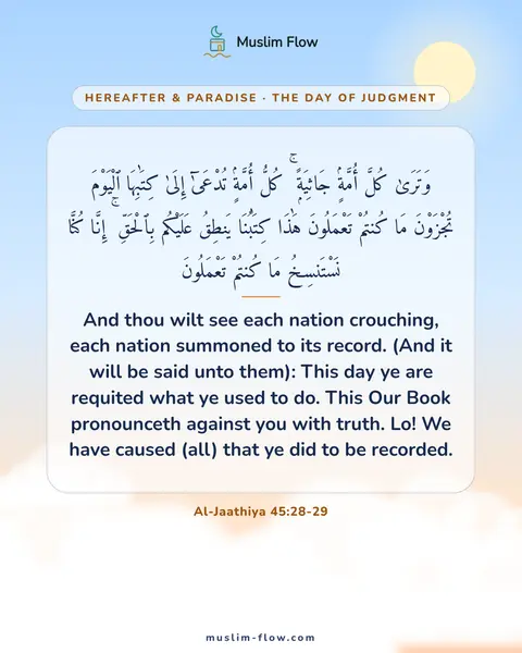 Al-Jaathiya 45:28-29: And thou wilt see each nation crouching, each nation summoned to its record. (And it will be said…