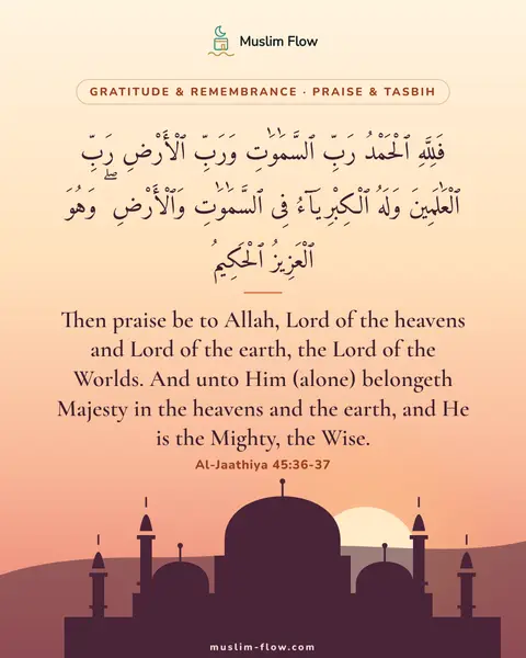 Al-Jaathiya 45:36-37: Then praise be to Allah, Lord of the heavens and Lord of the earth, the Lord of the Worlds. And…