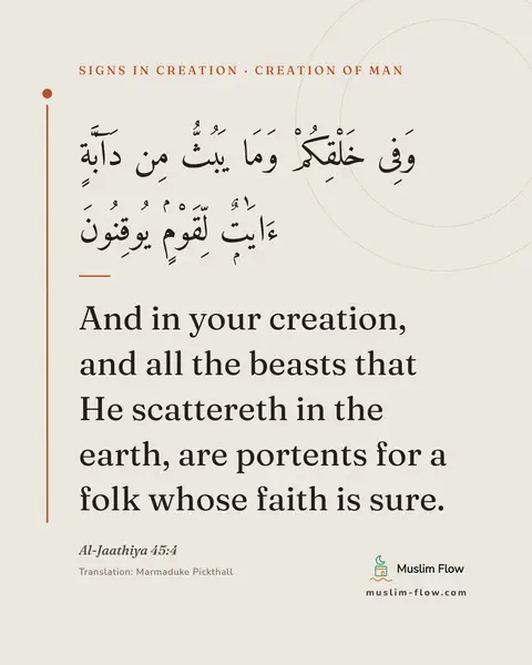 Al-Jaathiya 45:4: And in your creation, and all the beasts that He scattereth in the earth, are portents for a folk…