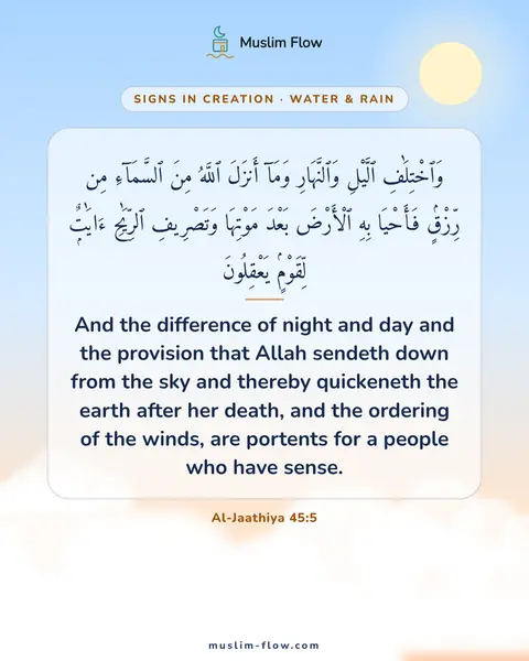 Al-Jaathiya 45:5: And the difference of night and day and the provision that Allah sendeth down from the sky and…