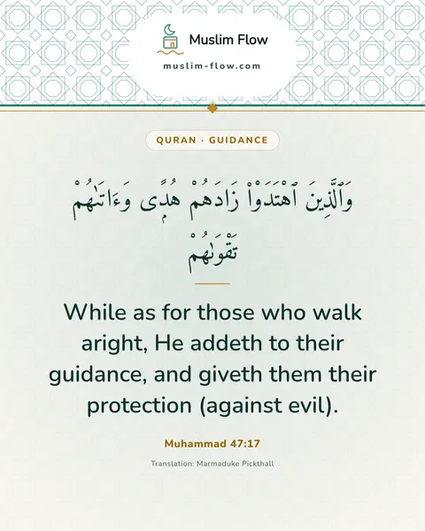 Muhammad 47:17: While as for those who walk aright, He addeth to their guidance, and giveth them their protection…