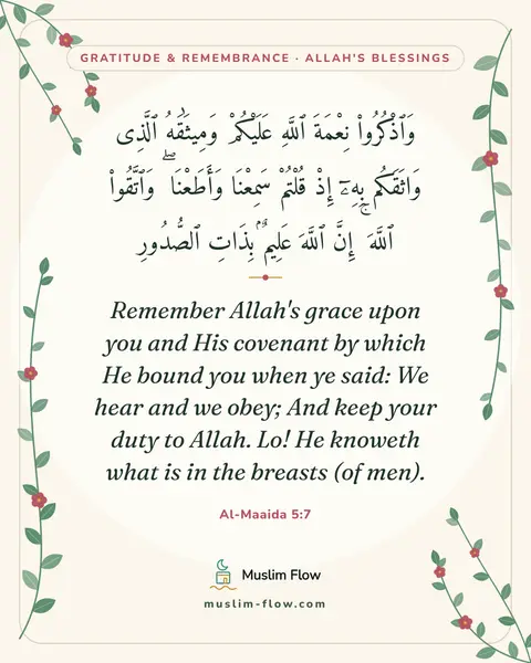 Al-Maaida 5:7: Remember Allah's grace upon you and His covenant by which He bound you when ye said: We hear and we…