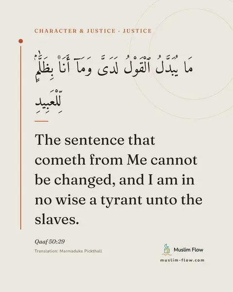 Qaaf 50:29: The sentence that cometh from Me cannot be changed, and I am in no wise a tyrant unto the slaves.