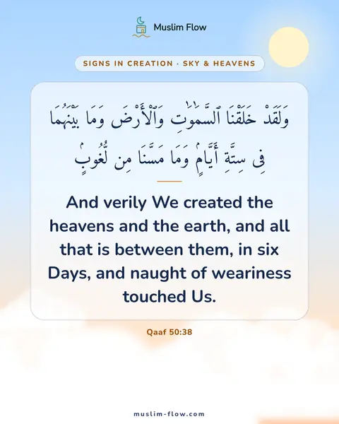 Qaaf 50:38: And verily We created the heavens and the earth, and all that is between them, in six Days, and…