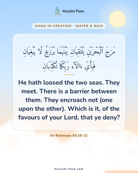 Ar-Rahmaan 55:19-21: He hath loosed the two seas. They meet. There is a barrier between them. They encroach not (one…