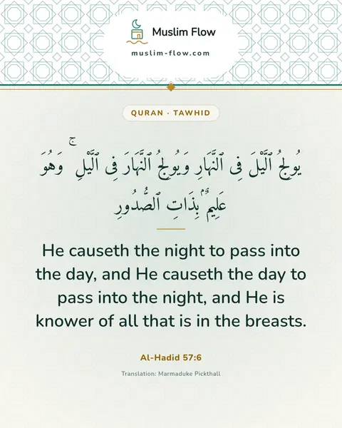 Al-Hadid 57:6: He causeth the night to pass into the day, and He causeth the day to pass into the night, and He is…