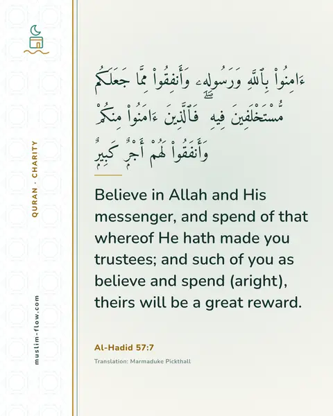 Al-Hadid 57:7: Believe in Allah and His messenger, and spend of that whereof He hath made you trustees; and such…