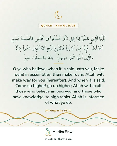 Al-Mujaadila 58:11: O ye who believe! when it is said unto you, Make room! in assemblies, then make room; Allah will…