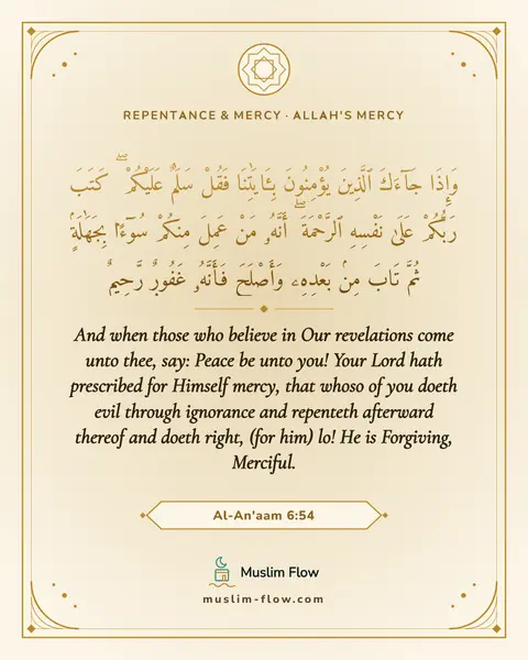 Al-An'aam 6:54: And when those who believe in Our revelations come unto thee, say: Peace be unto you! Your Lord…