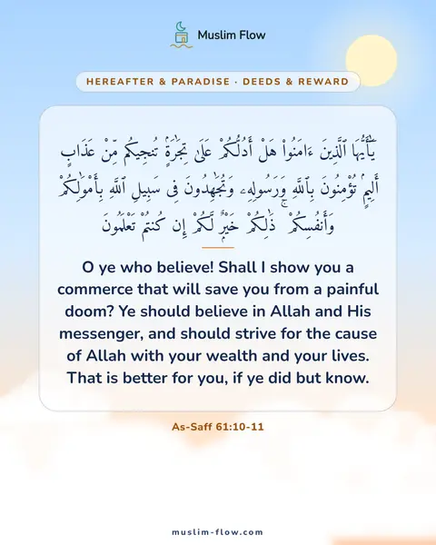 As-Saff 61:10-11: O ye who believe! Shall I show you a commerce that will save you from a painful doom? Ye should…