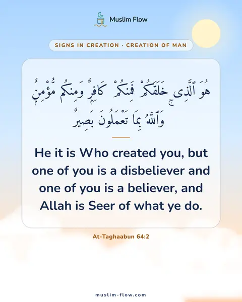 At-Taghaabun 64:2: He it is Who created you, but one of you is a disbeliever and one of you is a believer, and Allah…