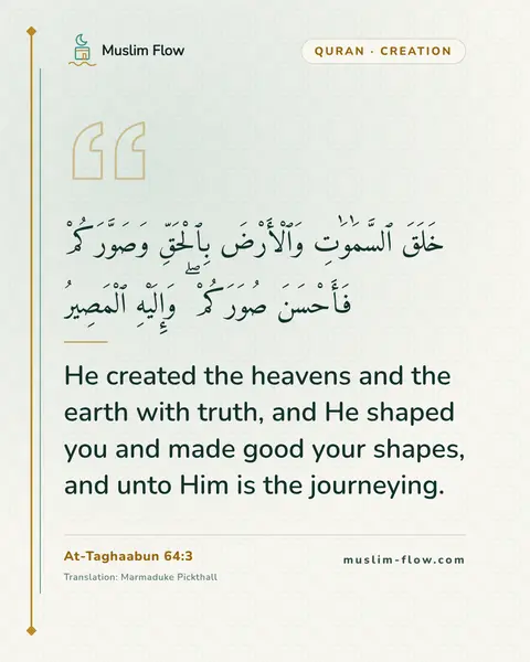 At-Taghaabun 64:3: He created the heavens and the earth with truth, and He shaped you and made good your shapes, and…