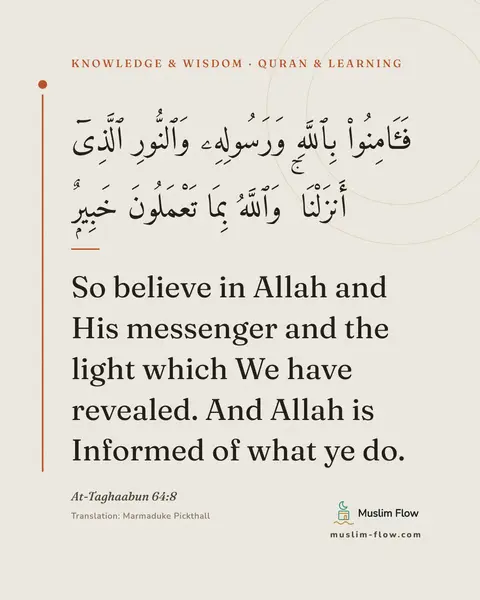At-Taghaabun 64:8: So believe in Allah and His messenger and the light which We have revealed. And Allah is Informed…