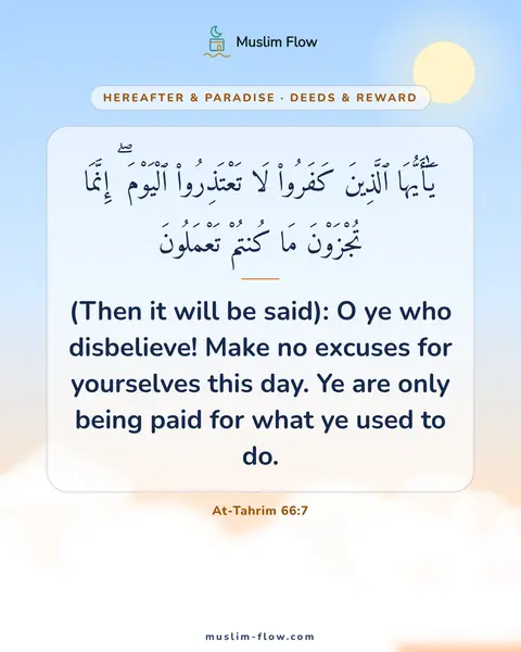 At-Tahrim 66:7: (Then it will be said): O ye who disbelieve! Make no excuses for yourselves this day. Ye are only…