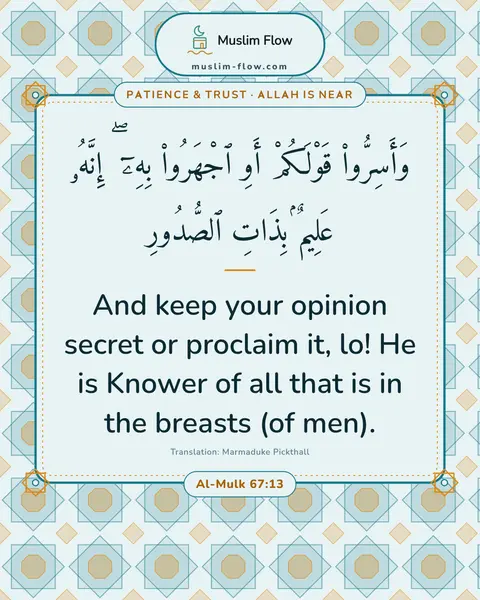 Al-Mulk 67:13: And keep your opinion secret or proclaim it, lo! He is Knower of all that is in the breasts (of…