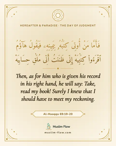 Al-Haaqqa 69:19-20: Then, as for him who is given his record in his right hand, he will say: Take, read my book! Surely…