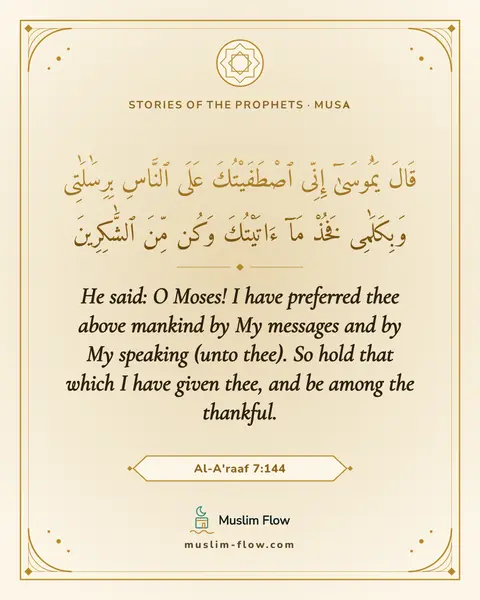 Al-A'raaf 7:144: He said: O Moses! I have preferred thee above mankind by My messages and by My speaking (unto…