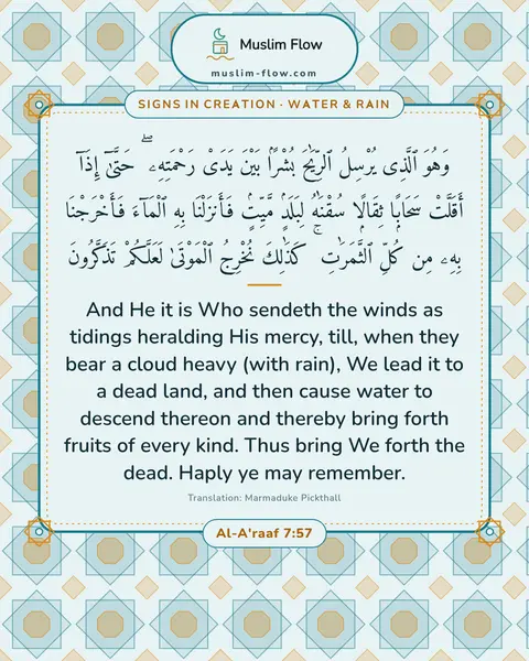 Al-A'raaf 7:57: And He it is Who sendeth the winds as tidings heralding His mercy, till, when they bear a cloud…