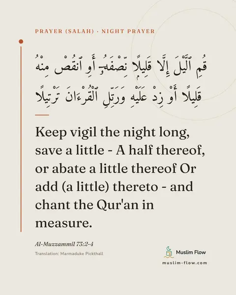 Al-Muzzammil 73:2-4: Keep vigil the night long, save a little - A half thereof, or abate a little thereof Or add (a…