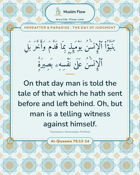 Al-Qiyaama 75:13-14: On that day man is told the tale of that which he hath sent before and left behind. Oh, but man is…