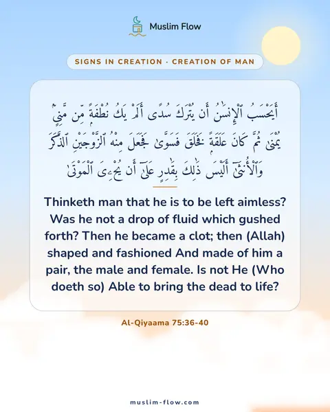 Al-Qiyaama 75:36-40: Thinketh man that he is to be left aimless? Was he not a drop of fluid which gushed forth? Then he…