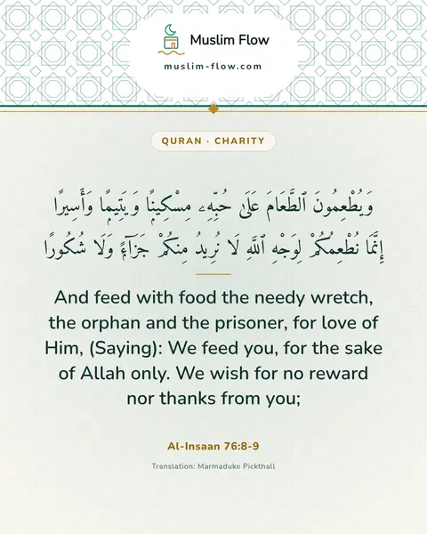 Al-Insaan 76:8-9: And feed with food the needy wretch, the orphan and the prisoner, for love of Him, (Saying): We…