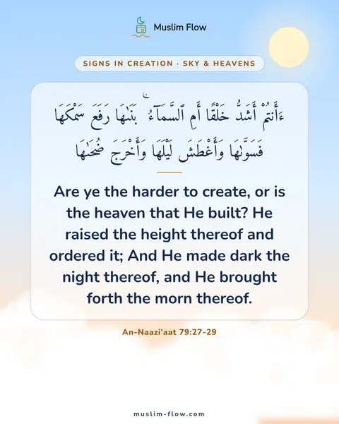 An-Naazi'aat 79:27-29: Are ye the harder to create, or is the heaven that He built? He raised the height thereof and…