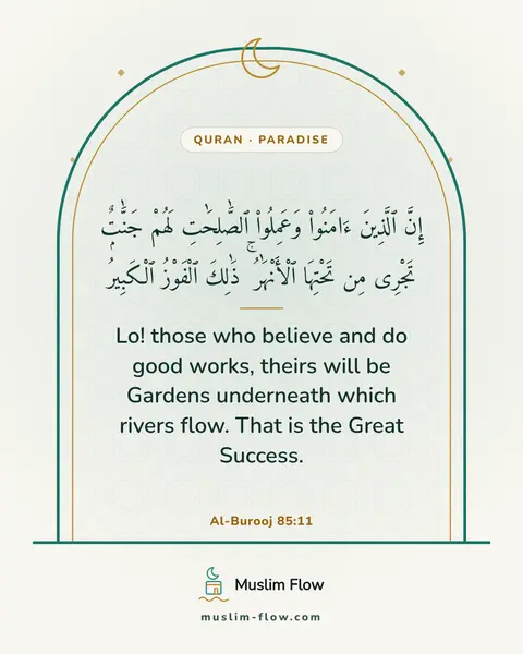Al-Burooj 85:11: Lo! those who believe and do good works, theirs will be Gardens underneath which rivers flow. That…