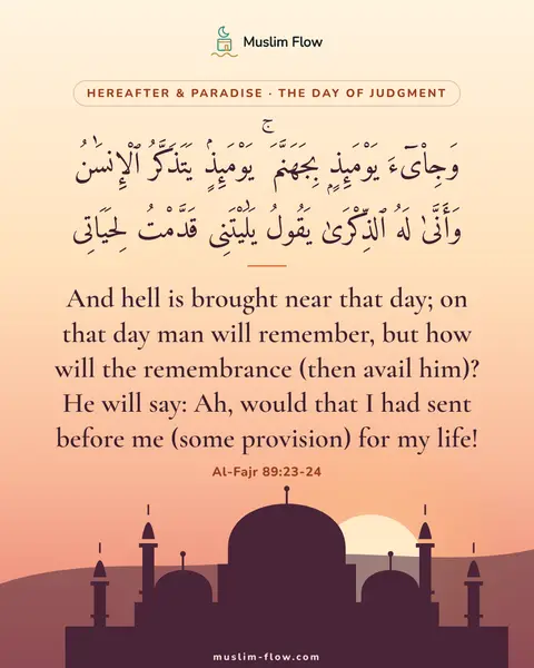 Al-Fajr 89:23-24: And hell is brought near that day; on that day man will remember, but how will the remembrance…