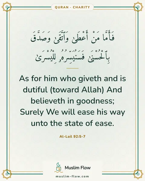Al-Lail 92:5-7: As for him who giveth and is dutiful (toward Allah) And believeth in goodness; Surely We will ease…
