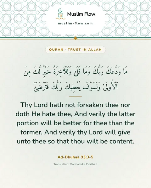 Ad-Dhuhaa 93:3-5: Thy Lord hath not forsaken thee nor doth He hate thee, And verily the latter portion will be better…