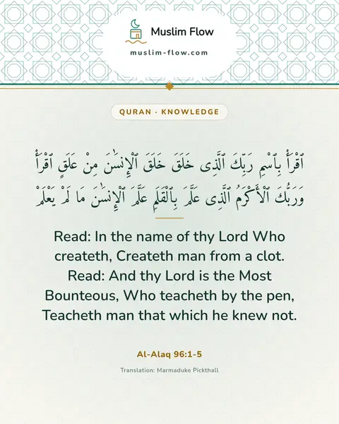 Al-Alaq 96:1-5: Read: In the name of thy Lord Who createth, Createth man from a clot. Read: And thy Lord is the…