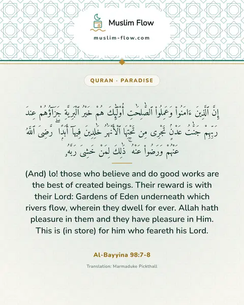 Al-Bayyina 98:7-8: (And) lo! those who believe and do good works are the best of created beings. Their reward is with…