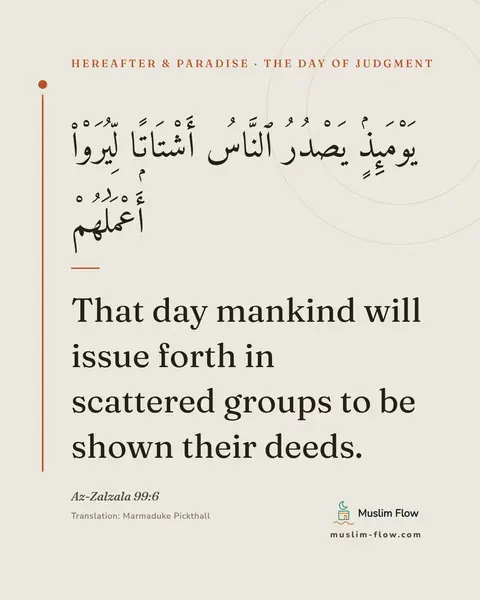 Az-Zalzala 99:6: That day mankind will issue forth in scattered groups to be shown their deeds.